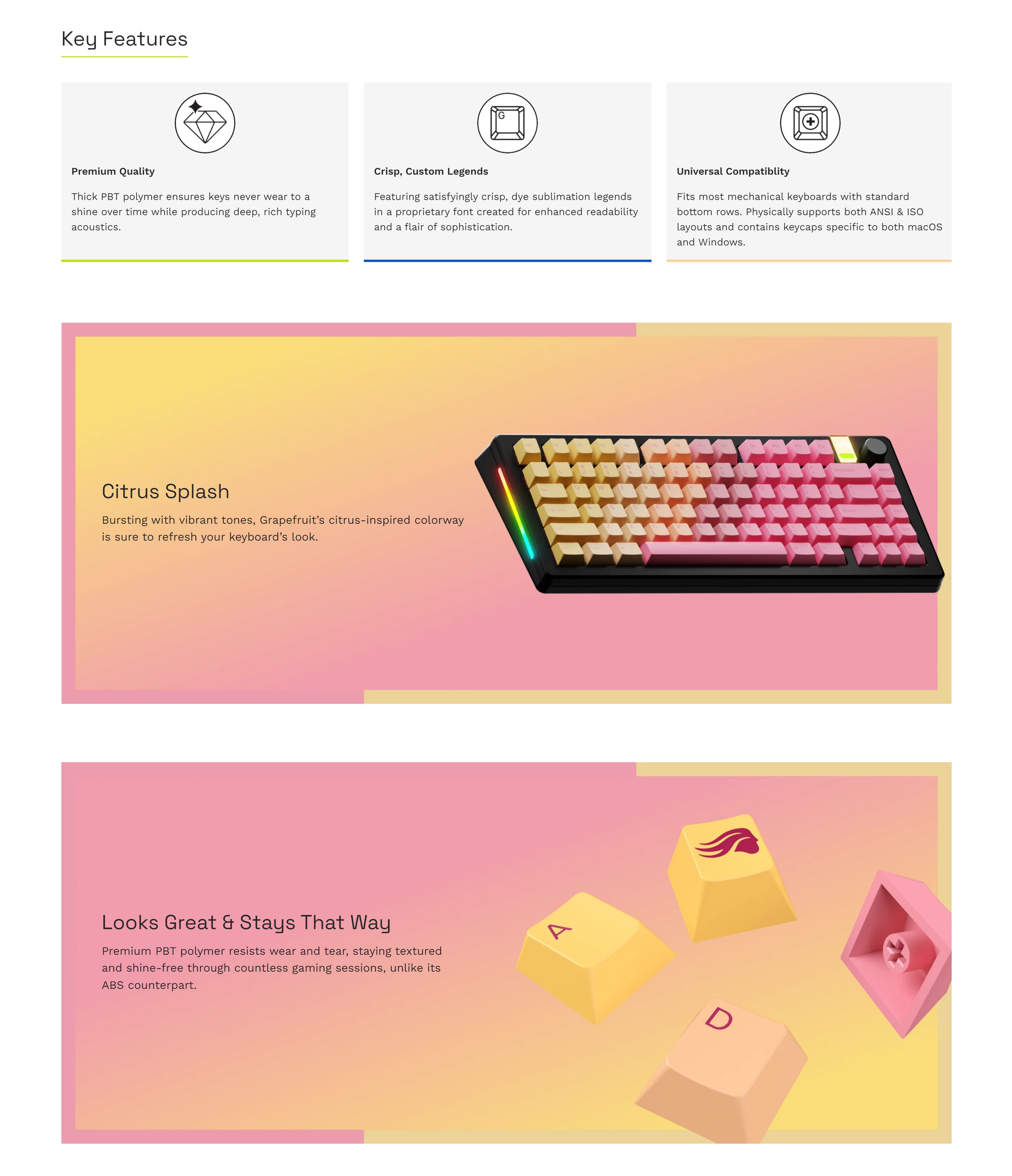 A large marketing image providing additional information about the product Glorious GPBT Gradient Keycaps - Grapefruit - Additional alt info not provided